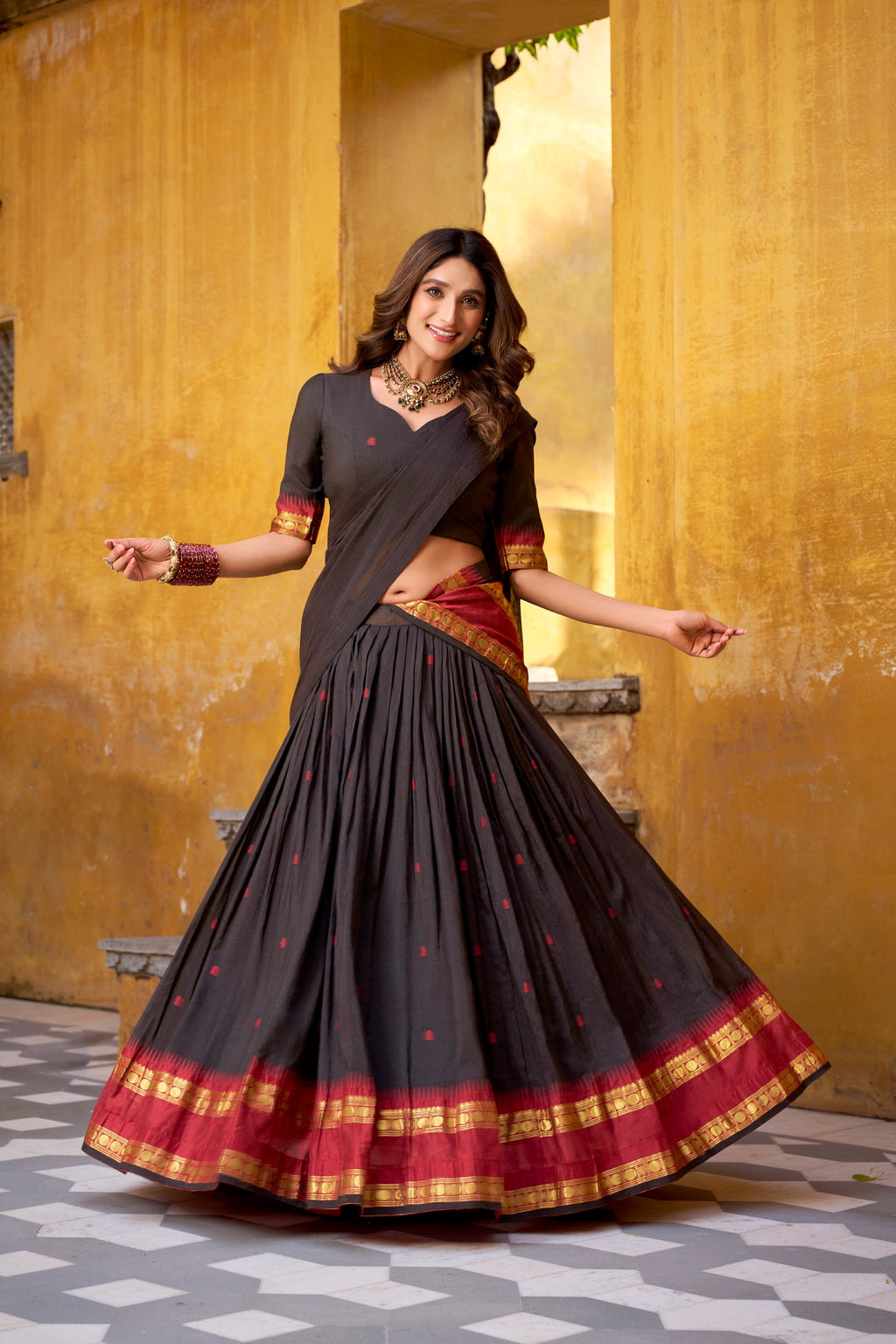 Lorenvalley Fashion Black Pure Chanderi Zari Weaving Work Lehenga Choli with Dupatta | Grocsy