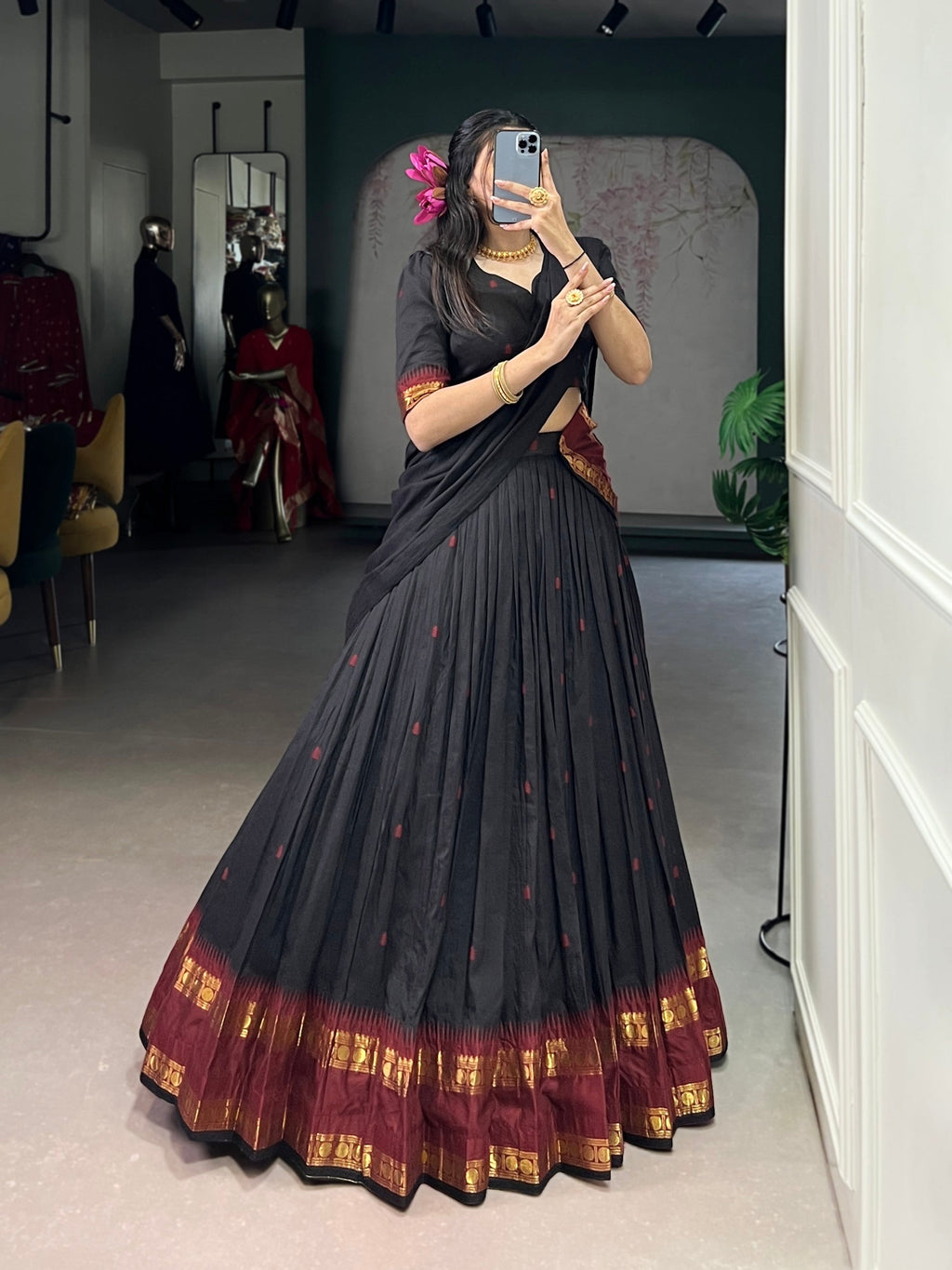 Lorenvalley Fashion Black Pure Chanderi Zari Weaving Work Lehenga Choli with Dupatta | Grocsy