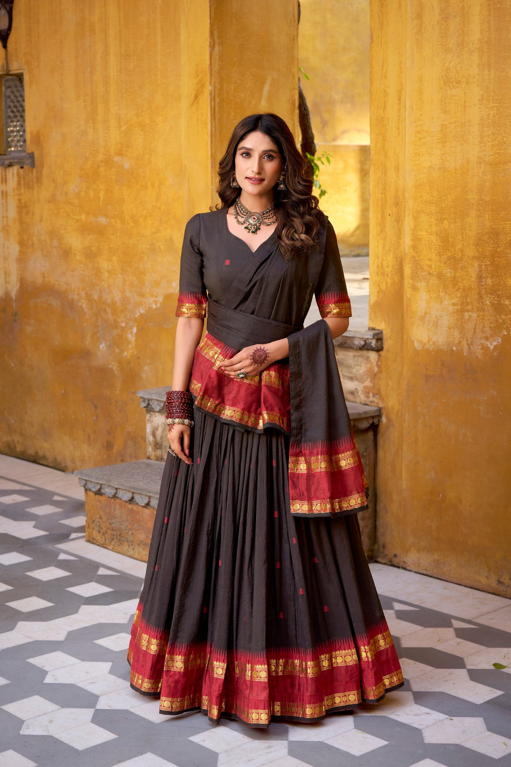 Lorenvalley Fashion Black Pure Chanderi Zari Weaving Work Lehenga Choli with Dupatta | Grocsy