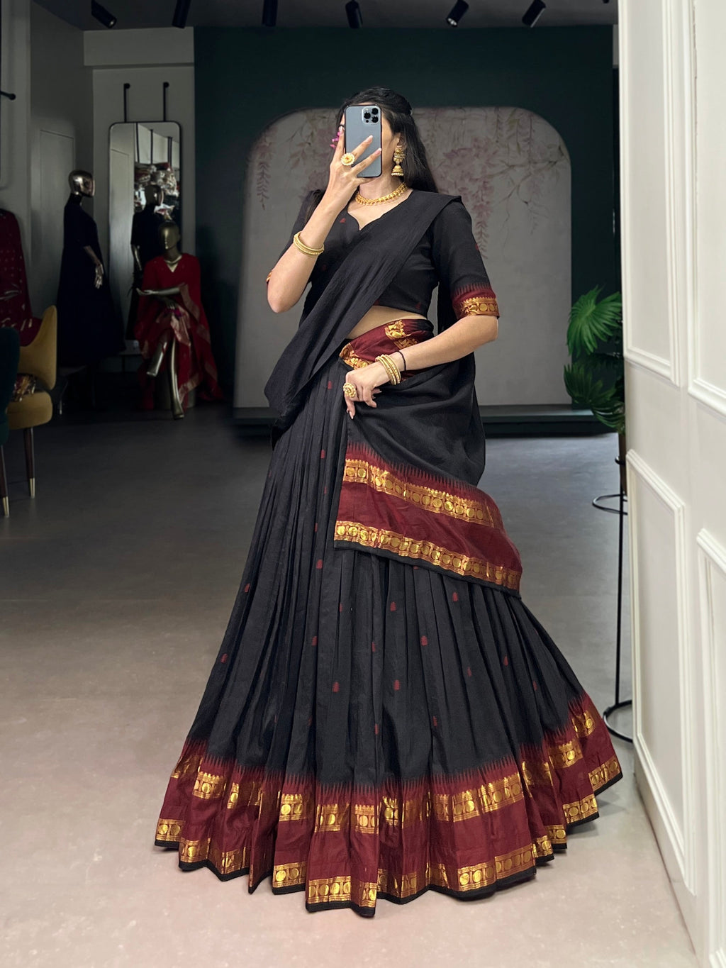 Lorenvalley Fashion Black Pure Chanderi Zari Weaving Work Lehenga Choli with Dupatta | Grocsy