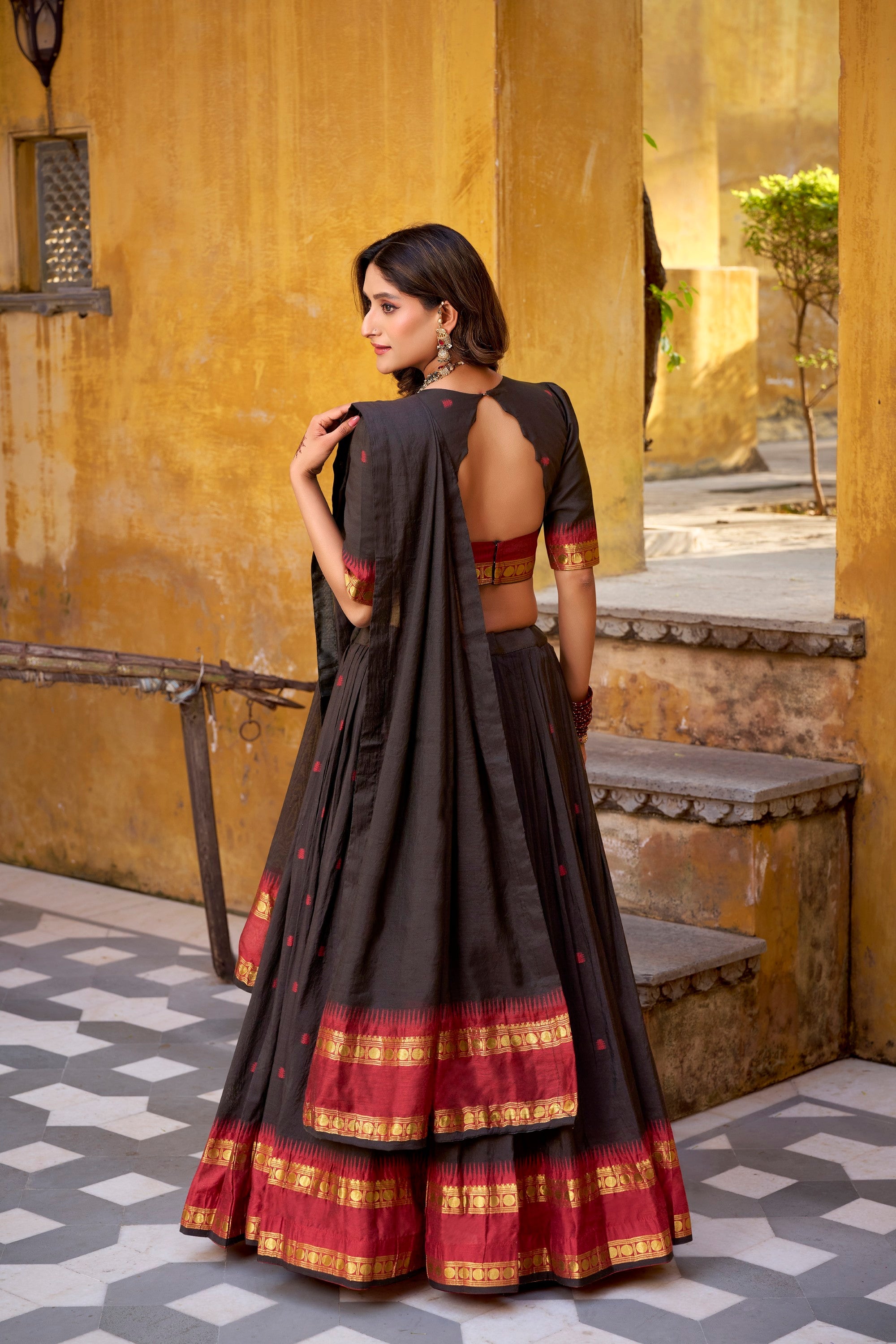 Lorenvalley Fashion Black Pure Chanderi Zari Weaving Work Lehenga Choli with Dupatta | Grocsy
