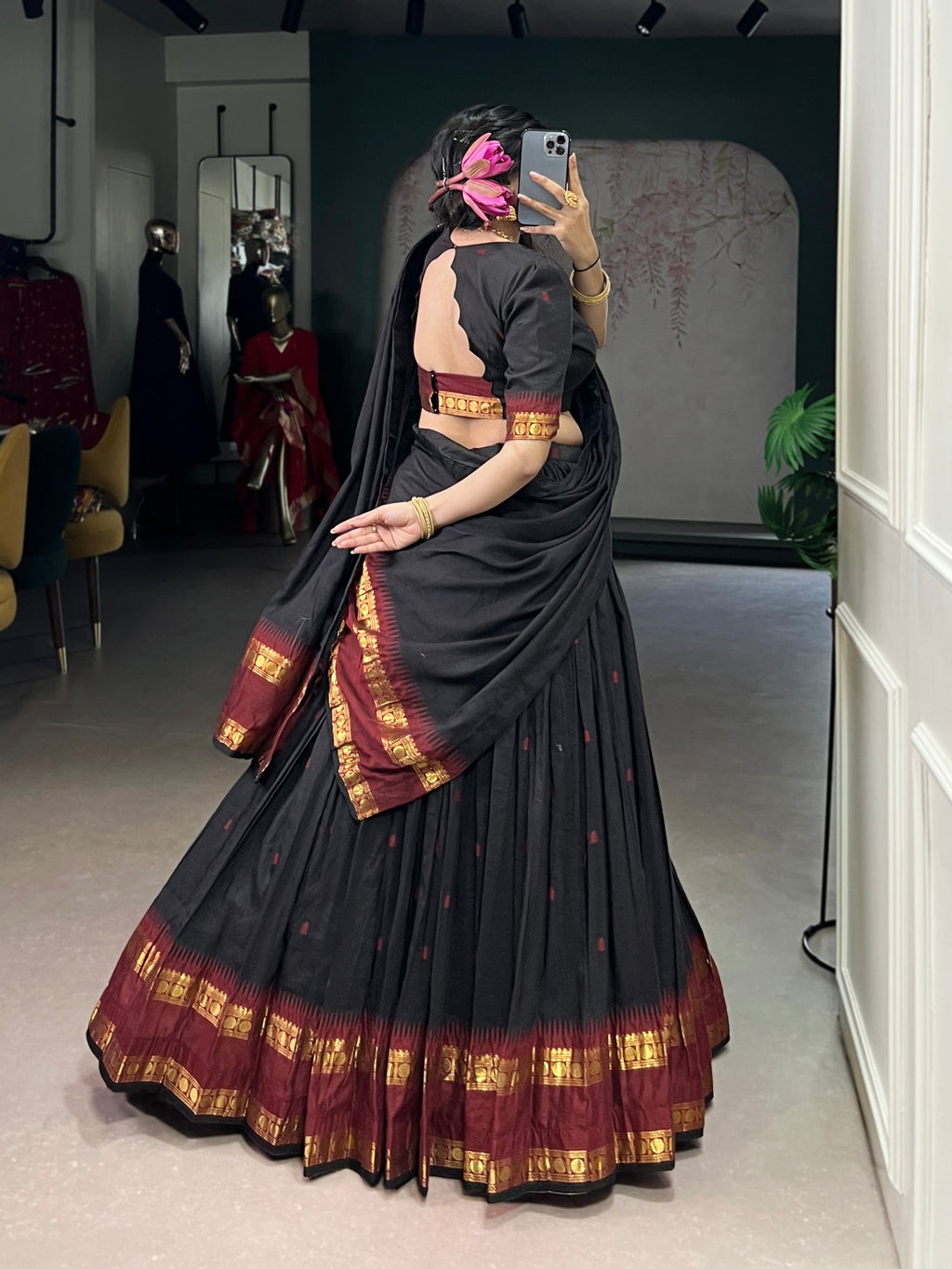 Lorenvalley Fashion Black Pure Chanderi Zari Weaving Work Lehenga Choli with Dupatta | Grocsy