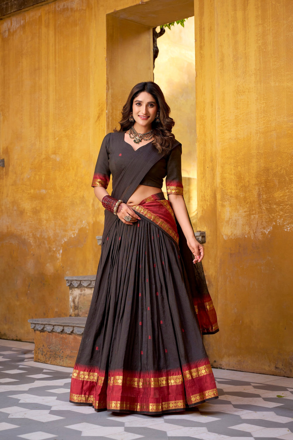 Lorenvalley Fashion Black Pure Chanderi Zari Weaving Work Lehenga Choli with Dupatta | Grocsy