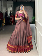 Lorenvalley Fashion Brown Pure Chanderi Zari Weaving Work Lehenga Choli with Dupatta | Grocsy