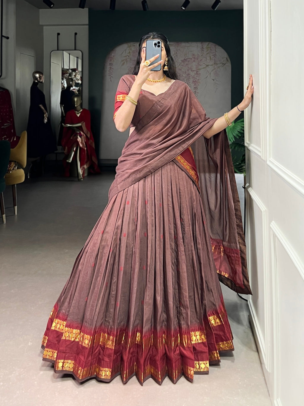 Lorenvalley Fashion Brown Pure Chanderi Zari Weaving Work Lehenga Choli with Dupatta | Grocsy