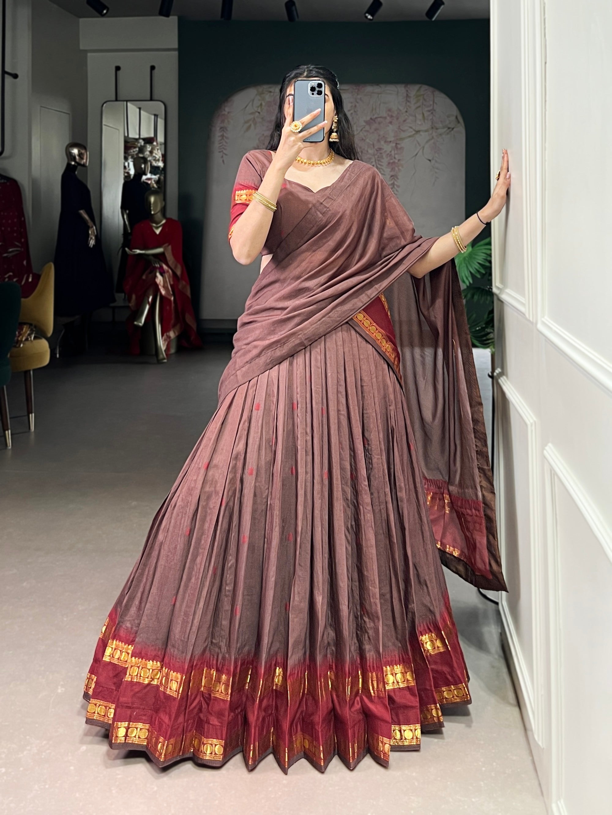 Lorenvalley Fashion Brown Pure Chanderi Zari Weaving Work Lehenga Choli with Dupatta | Grocsy
