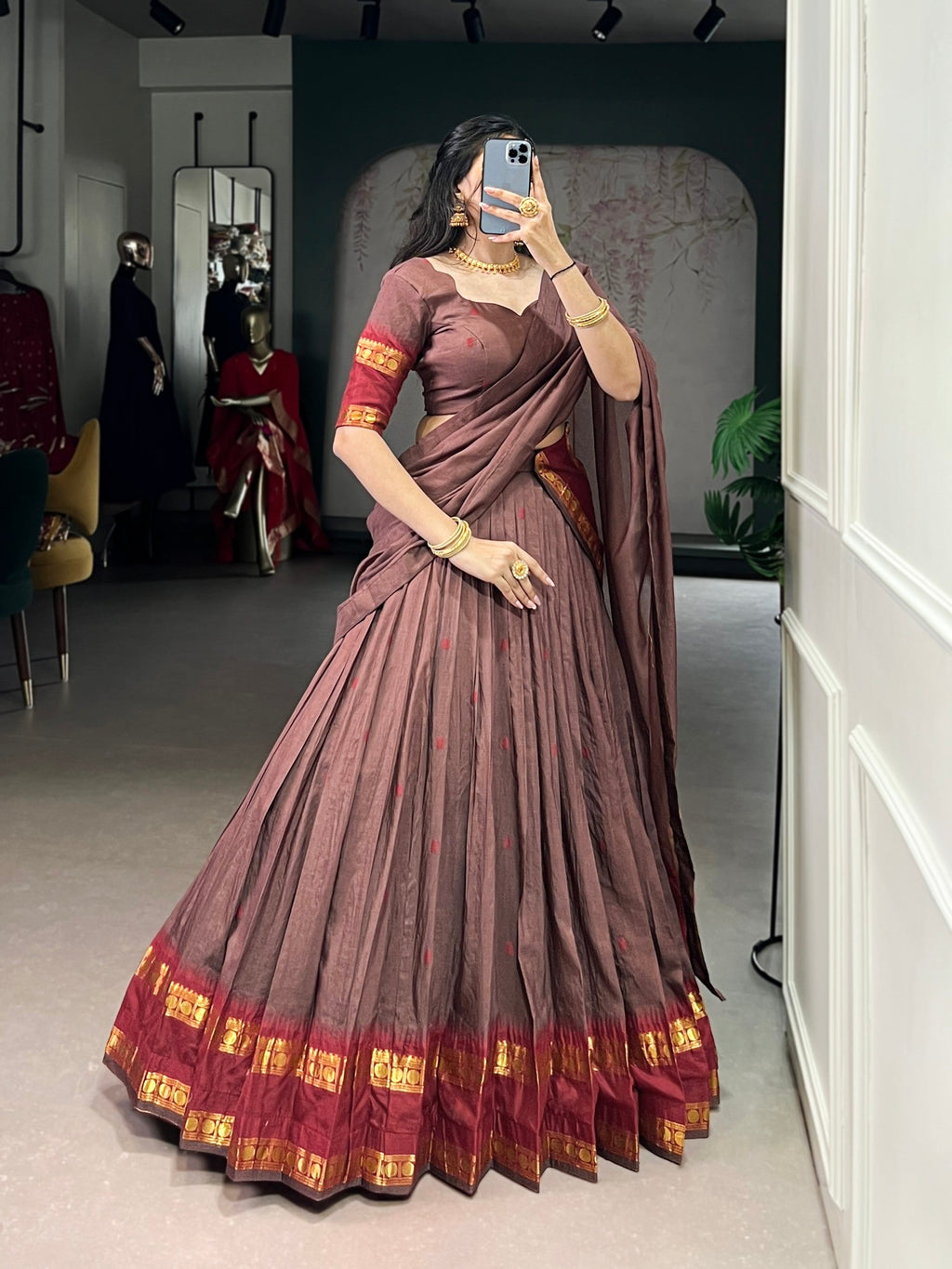 Lorenvalley Fashion Brown Pure Chanderi Zari Weaving Work Lehenga Choli with Dupatta | Grocsy
