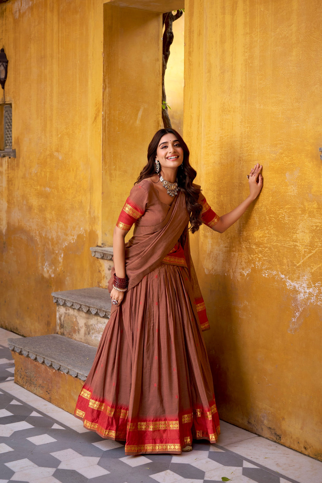 Lorenvalley Fashion Brown Pure Chanderi Zari Weaving Work Lehenga Choli with Dupatta | Grocsy