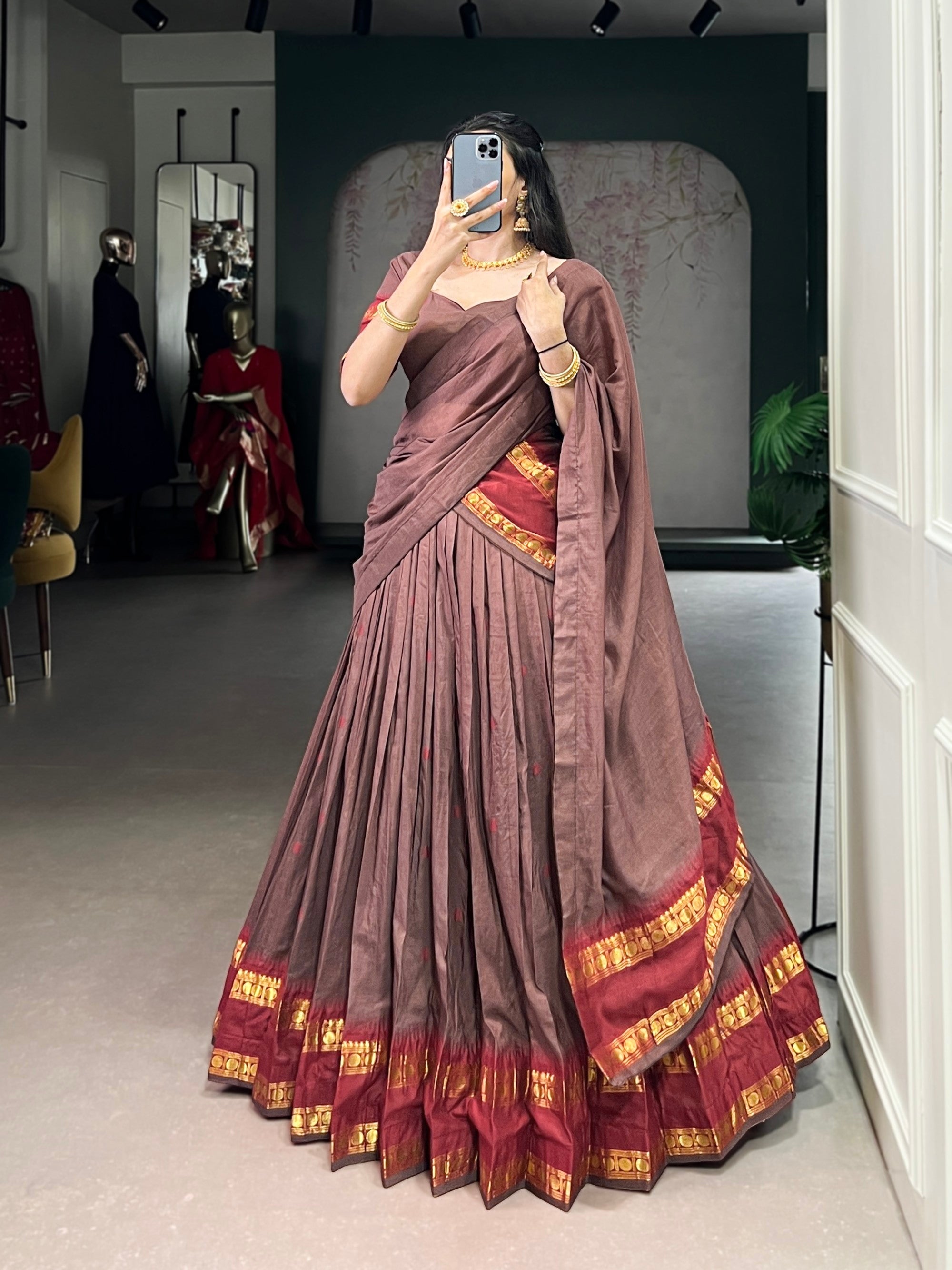 Lorenvalley Fashion Brown Pure Chanderi Zari Weaving Work Lehenga Choli with Dupatta | Grocsy