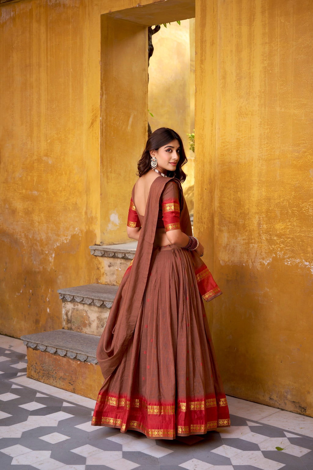 Lorenvalley Fashion Brown Pure Chanderi Zari Weaving Work Lehenga Choli with Dupatta | Grocsy