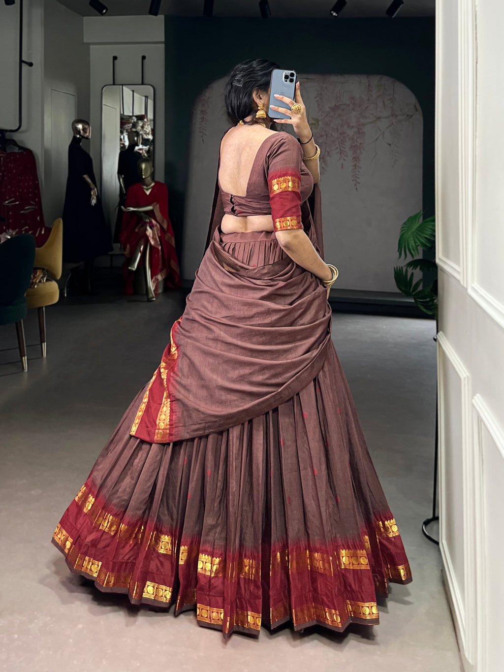 Lorenvalley Fashion Brown Pure Chanderi Zari Weaving Work Lehenga Choli with Dupatta | Grocsy