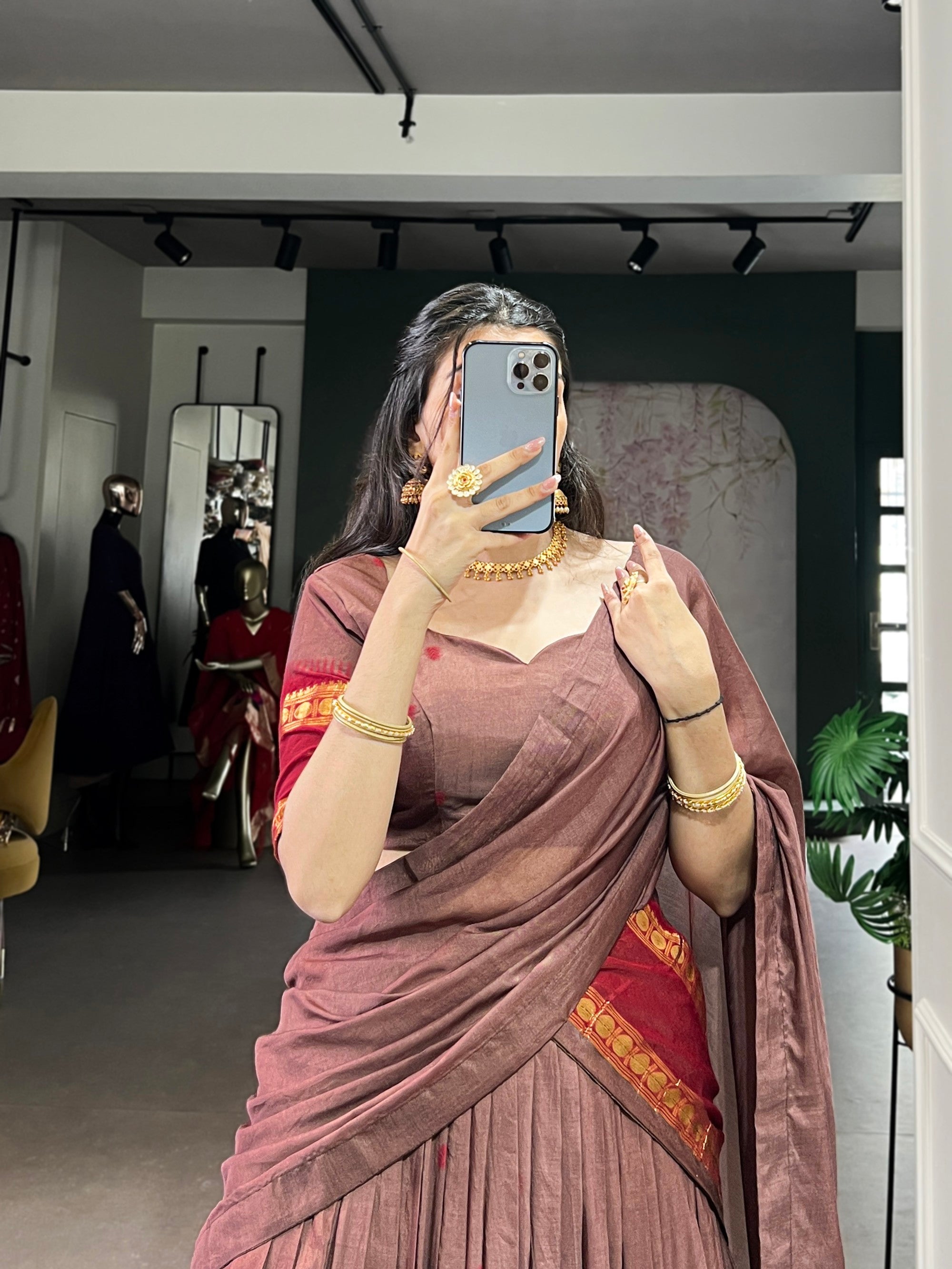 Lorenvalley Fashion Brown Pure Chanderi Zari Weaving Work Lehenga Choli with Dupatta | Grocsy