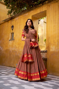Lorenvalley Fashion Brown Pure Chanderi Zari Weaving Work Lehenga Choli with Dupatta | Grocsy