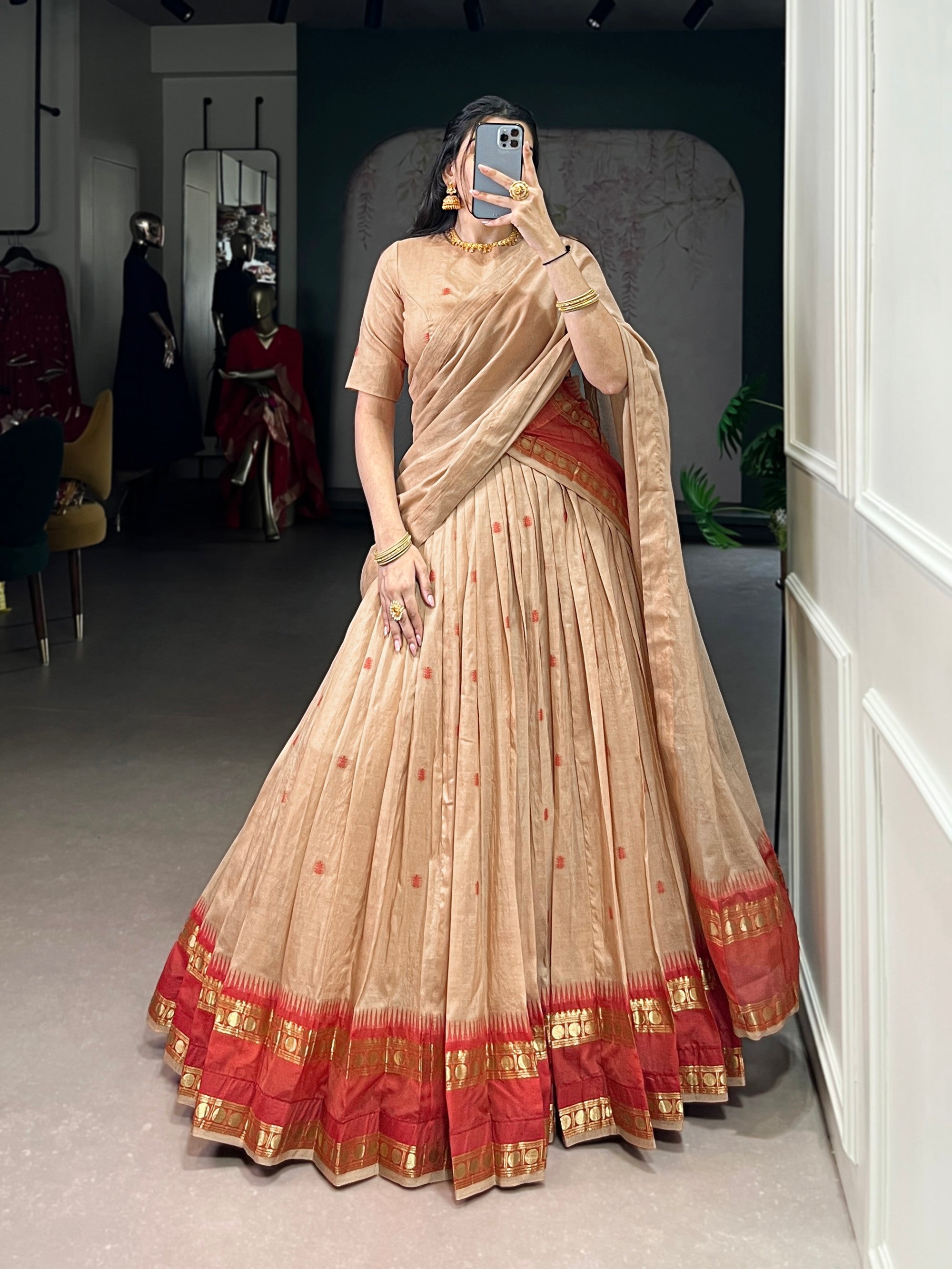 Lorenvalley Fashion Cream Pure Chanderi Zari Weaving Work Lehenga Choli with Dupatta | Grocsy