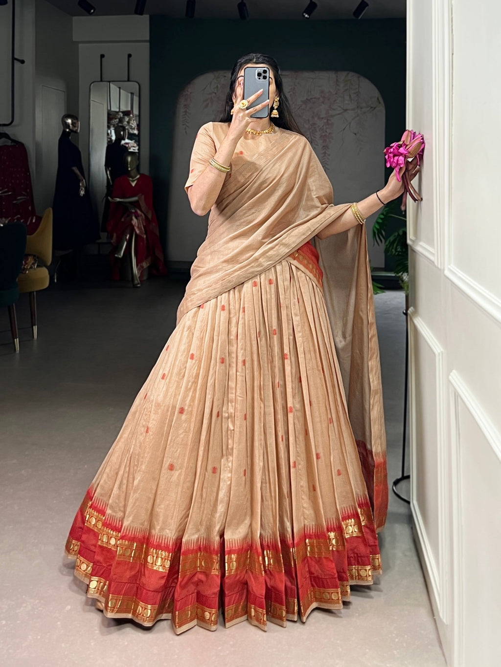 Lorenvalley Fashion Cream Pure Chanderi Zari Weaving Work Lehenga Choli with Dupatta | Grocsy