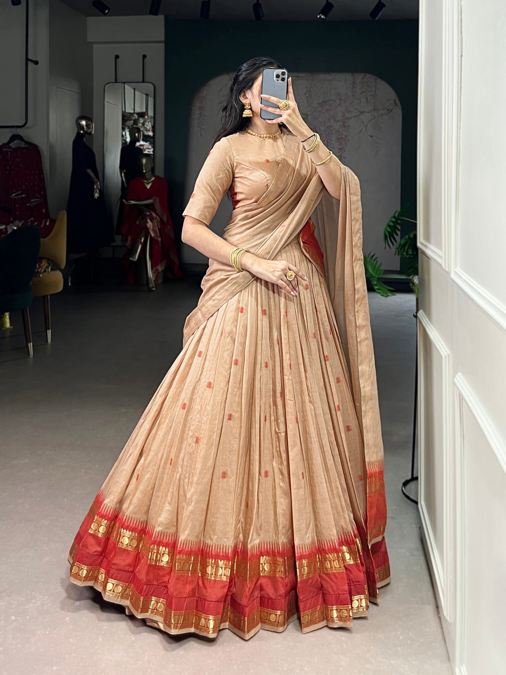 Lorenvalley Fashion Cream Pure Chanderi Zari Weaving Work Lehenga Choli with Dupatta | Grocsy