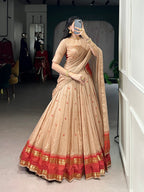 Lorenvalley Fashion Cream Pure Chanderi Zari Weaving Work Lehenga Choli with Dupatta | Grocsy