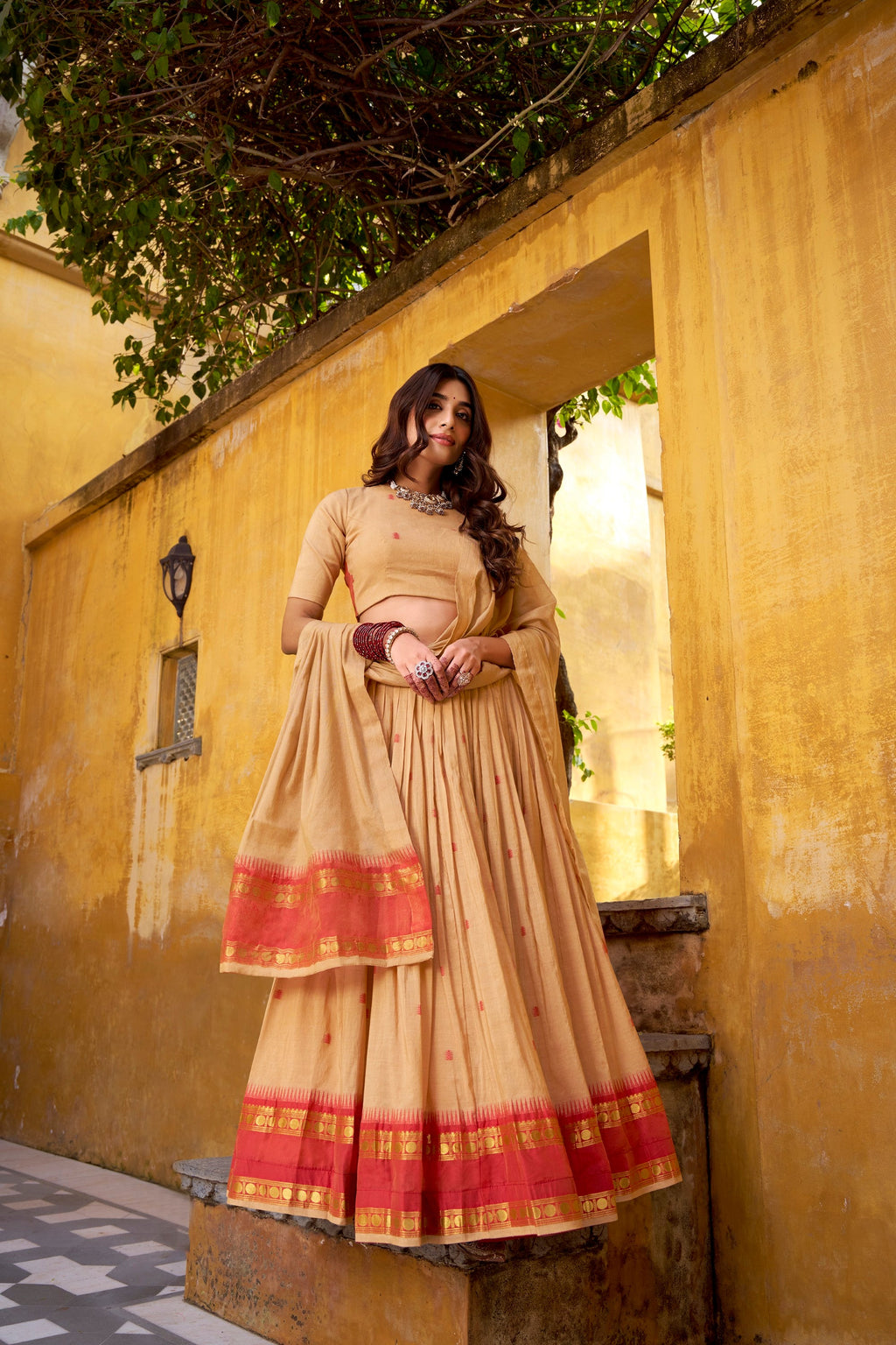 Lorenvalley Fashion Cream Pure Chanderi Zari Weaving Work Lehenga Choli with Dupatta | Grocsy
