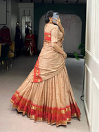Lorenvalley Fashion Cream Pure Chanderi Zari Weaving Work Lehenga Choli with Dupatta | Grocsy