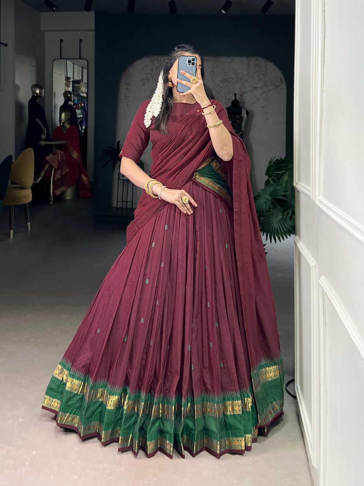 Lorenvalley Fashion Maroon Pure Chanderi Zari Weaving Work Lehenga Choli with Dupatta | Grocsy