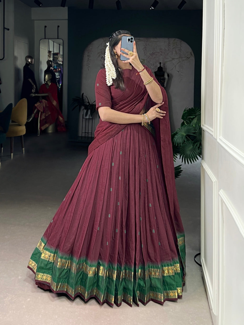 Lorenvalley Fashion Maroon Pure Chanderi Zari Weaving Work Lehenga Choli with Dupatta | Grocsy
