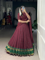 Lorenvalley Fashion Maroon Pure Chanderi Zari Weaving Work Lehenga Choli with Dupatta | Grocsy