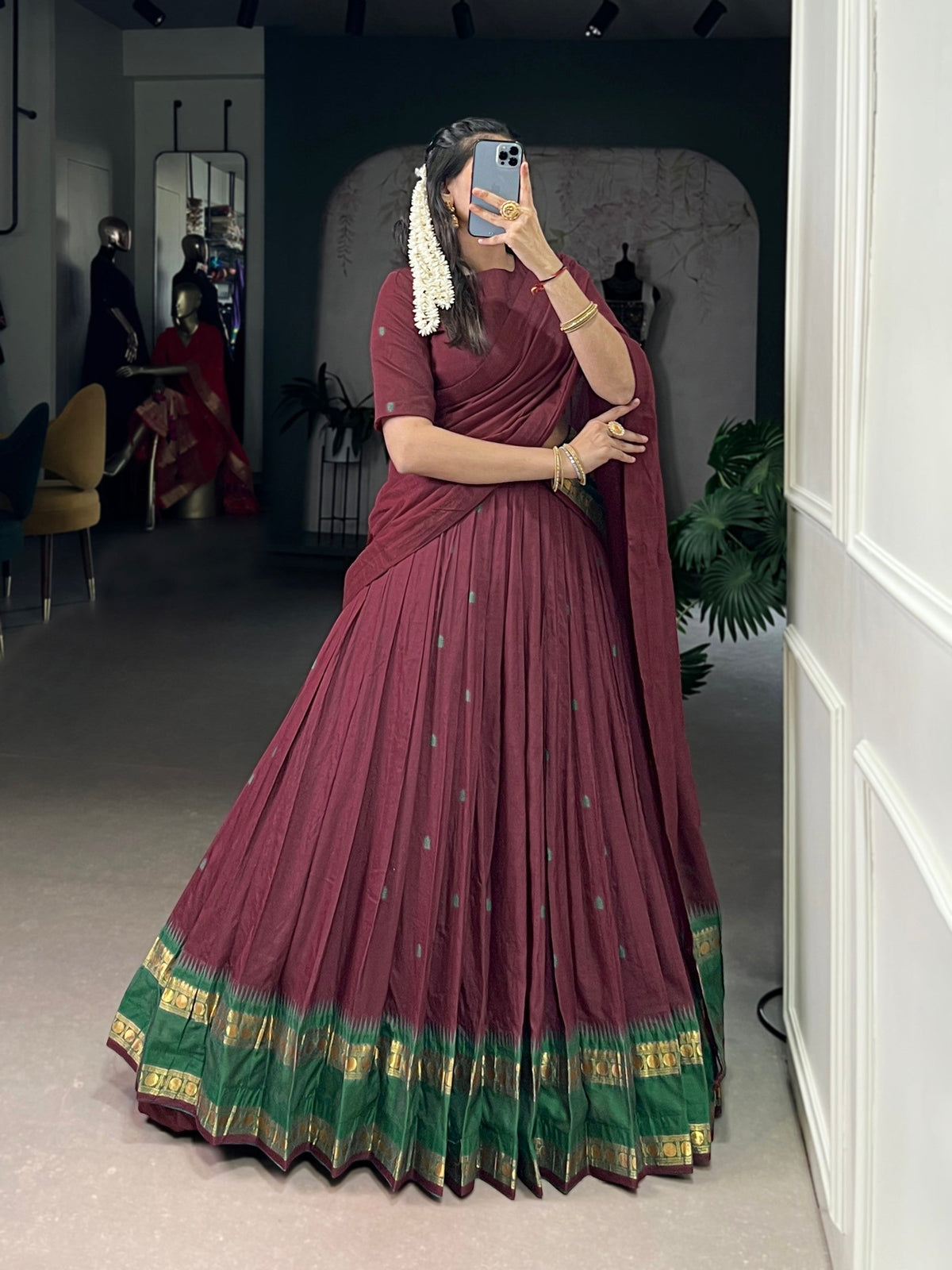 Lorenvalley Fashion Maroon Pure Chanderi Zari Weaving Work Lehenga Choli with Dupatta | Grocsy