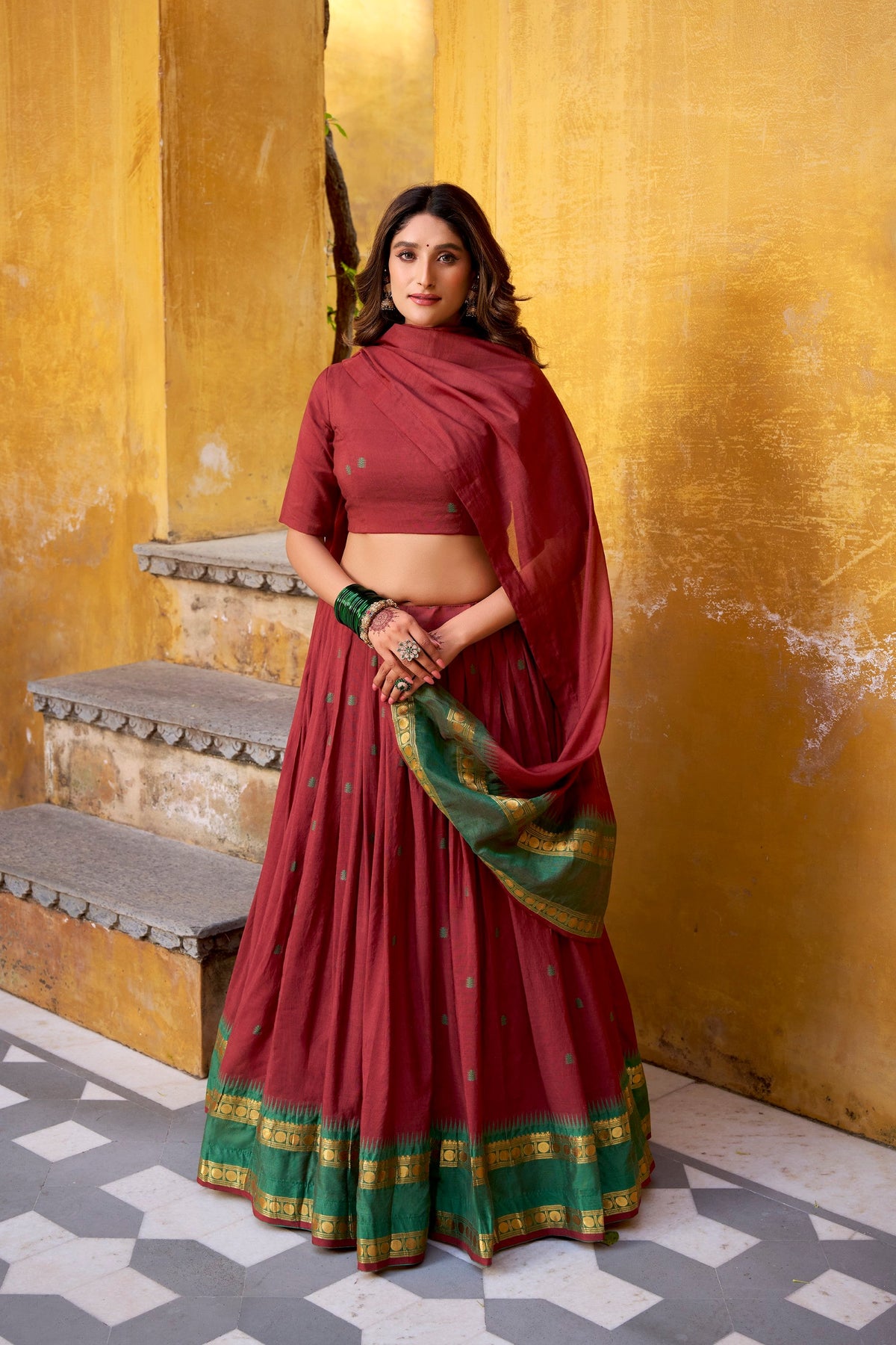 Lorenvalley Fashion Maroon Pure Chanderi Zari Weaving Work Lehenga Choli with Dupatta | Grocsy