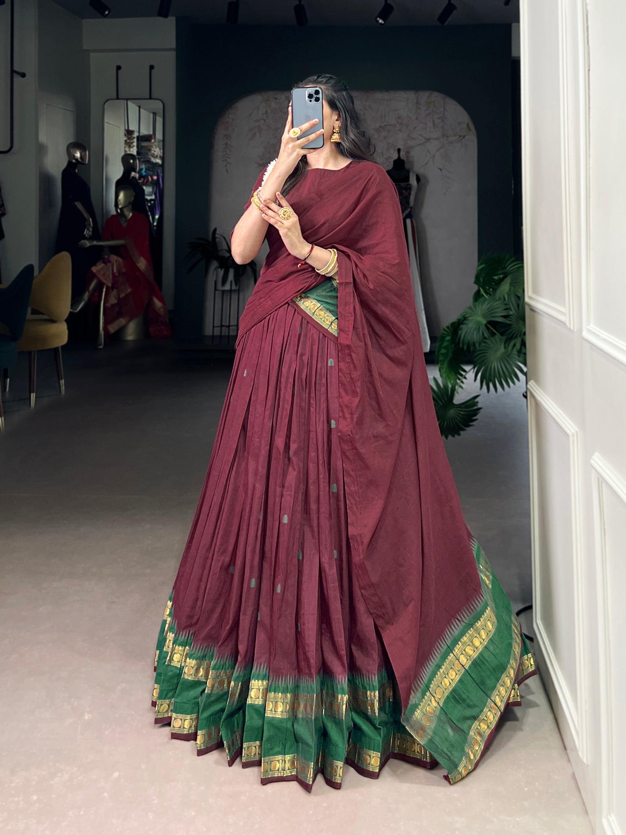 Lorenvalley Fashion Maroon Pure Chanderi Zari Weaving Work Lehenga Choli with Dupatta | Grocsy