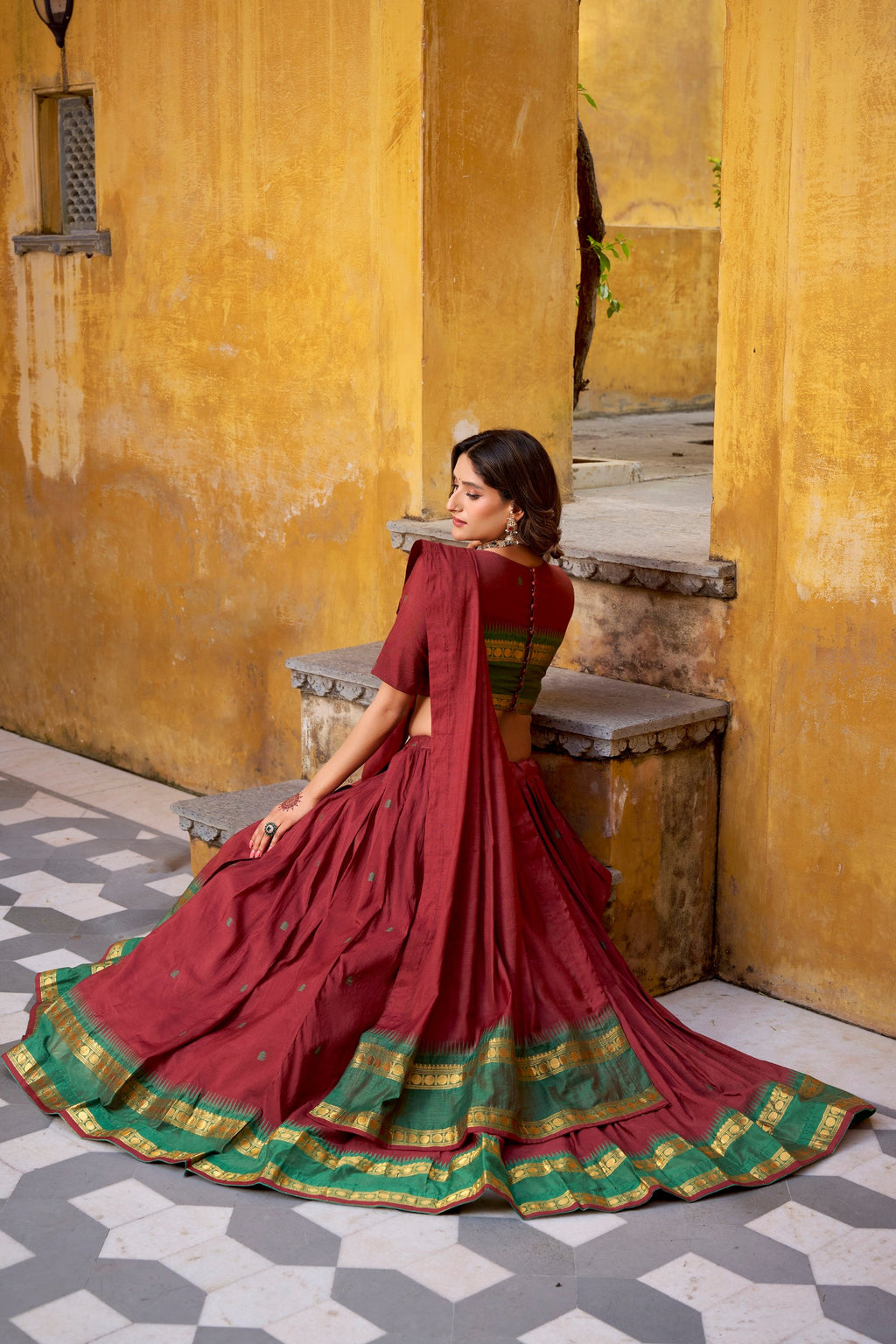 Lorenvalley Fashion Maroon Pure Chanderi Zari Weaving Work Lehenga Choli with Dupatta | Grocsy