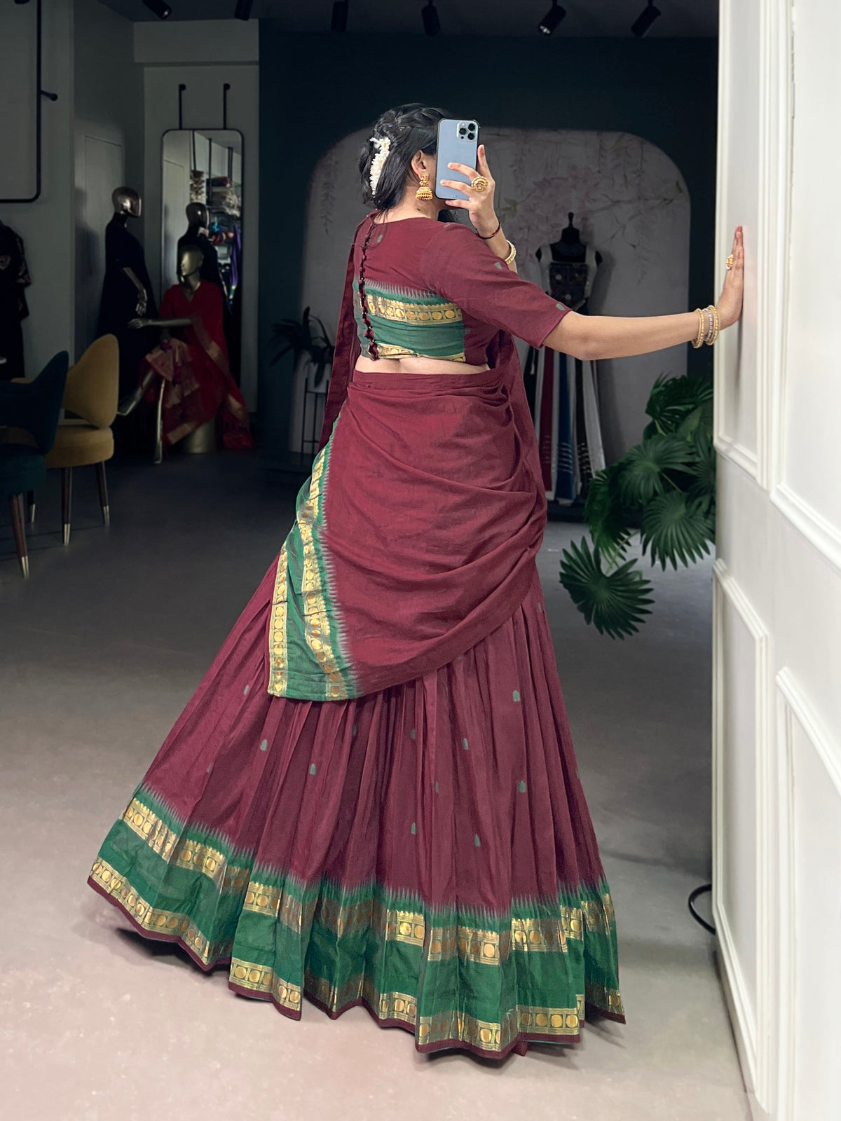 Lorenvalley Fashion Maroon Pure Chanderi Zari Weaving Work Lehenga Choli with Dupatta | Grocsy
