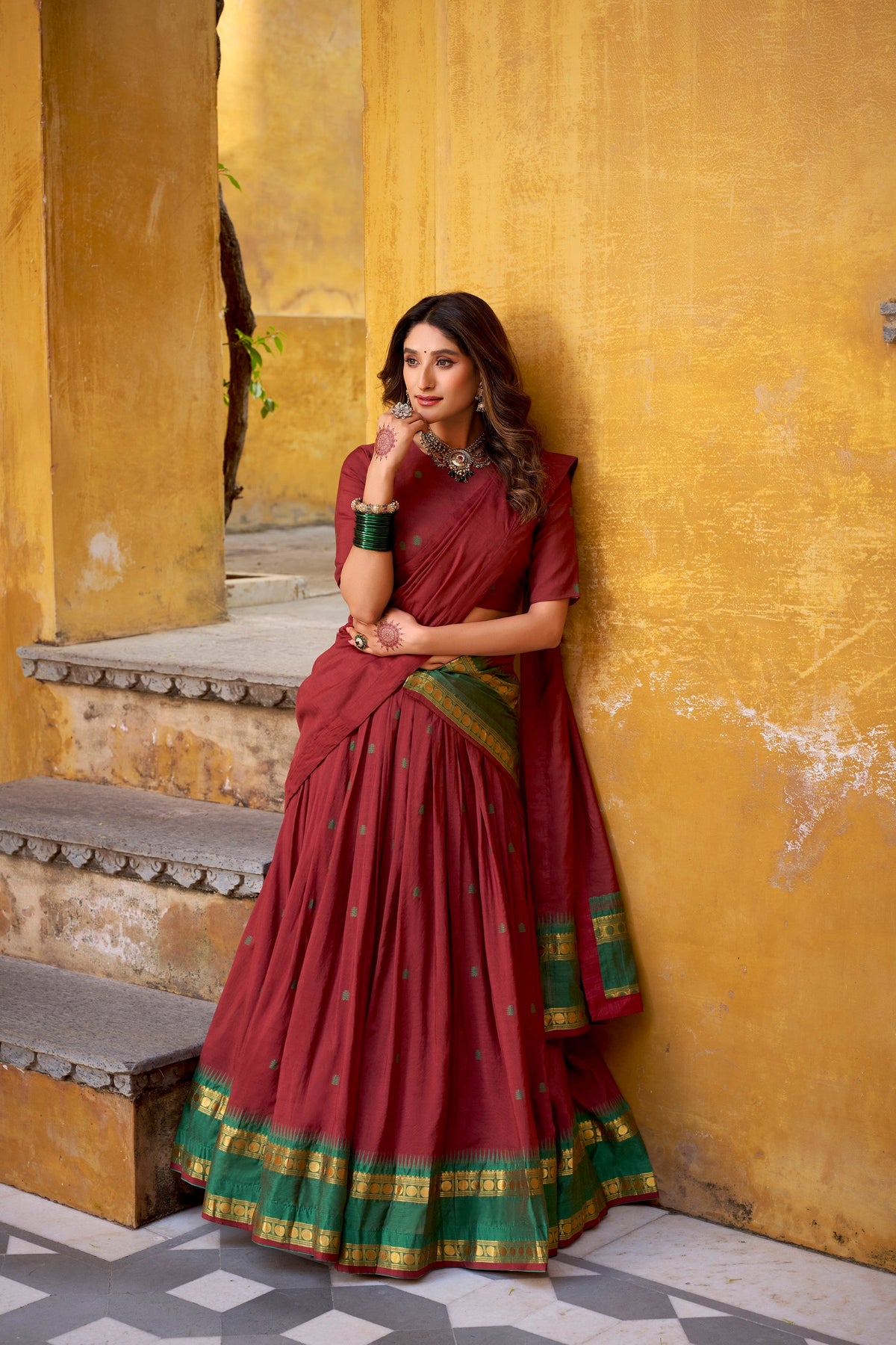 Lorenvalley Fashion Maroon Pure Chanderi Zari Weaving Work Lehenga Choli with Dupatta | Grocsy