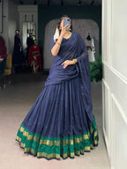 Lorenvalley Fashion Navy Blue Pure Chanderi Zari Weaving Work Lehenga Choli with Dupatta | Grocsy