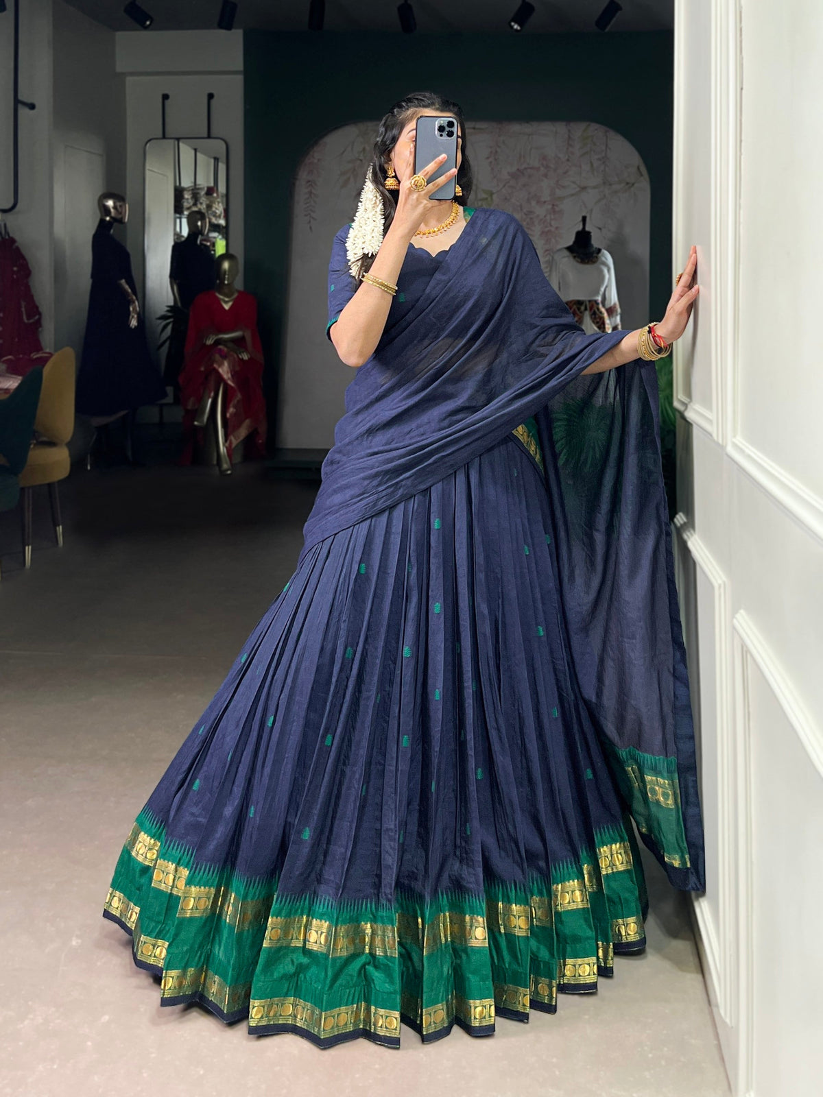 Lorenvalley Fashion Navy Blue Pure Chanderi Zari Weaving Work Lehenga Choli with Dupatta | Grocsy