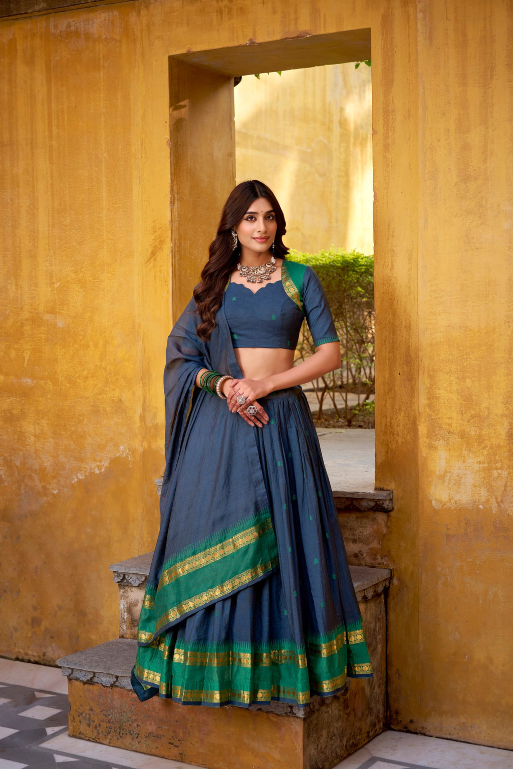 Lorenvalley Fashion Navy Blue Pure Chanderi Zari Weaving Work Lehenga Choli with Dupatta | Grocsy