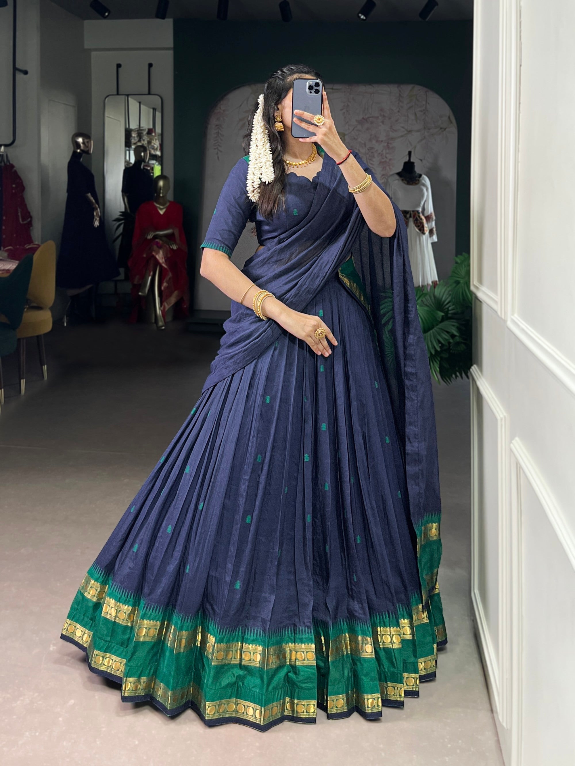 Lorenvalley Fashion Navy Blue Pure Chanderi Zari Weaving Work Lehenga Choli with Dupatta | Grocsy