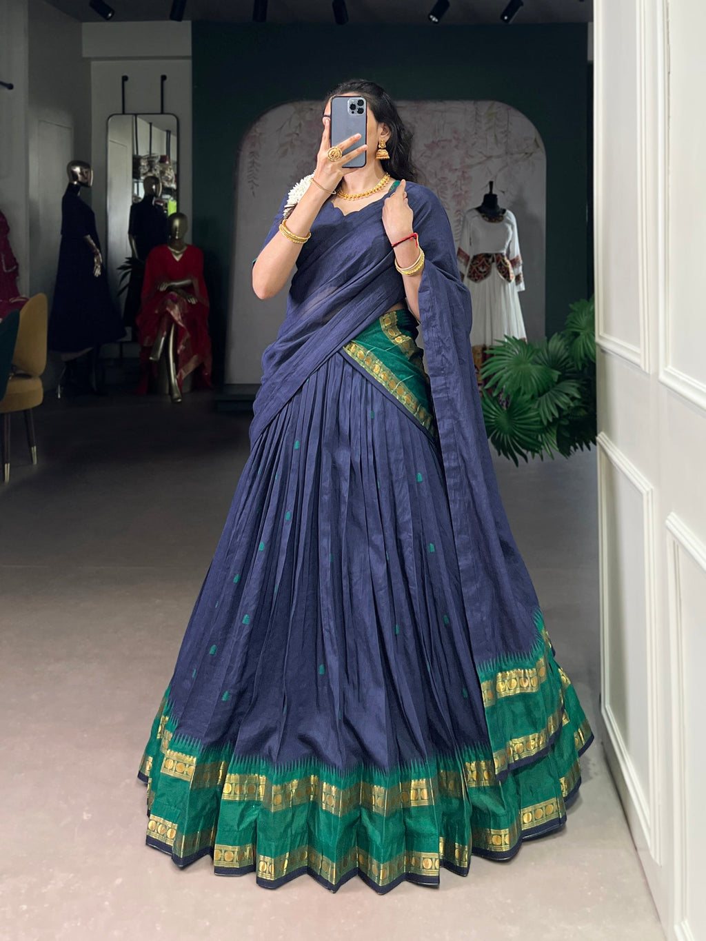 Lorenvalley Fashion Navy Blue Pure Chanderi Zari Weaving Work Lehenga Choli with Dupatta | Grocsy