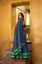 Lorenvalley Fashion Navy Blue Pure Chanderi Zari Weaving Work Lehenga Choli with Dupatta | Grocsy
