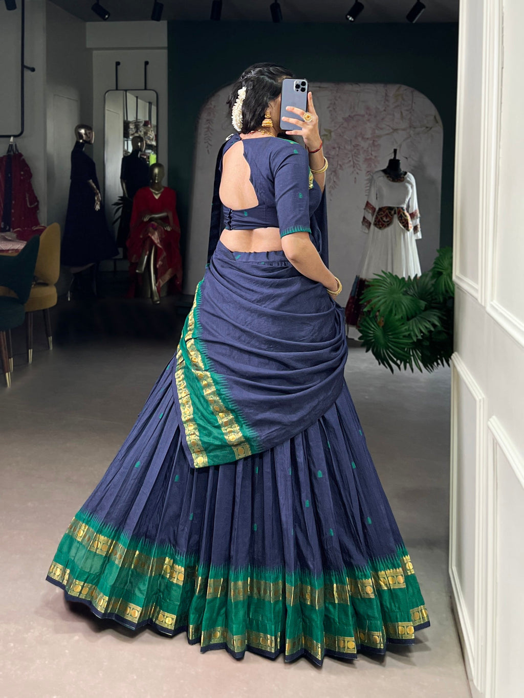Lorenvalley Fashion Navy Blue Pure Chanderi Zari Weaving Work Lehenga Choli with Dupatta | Grocsy