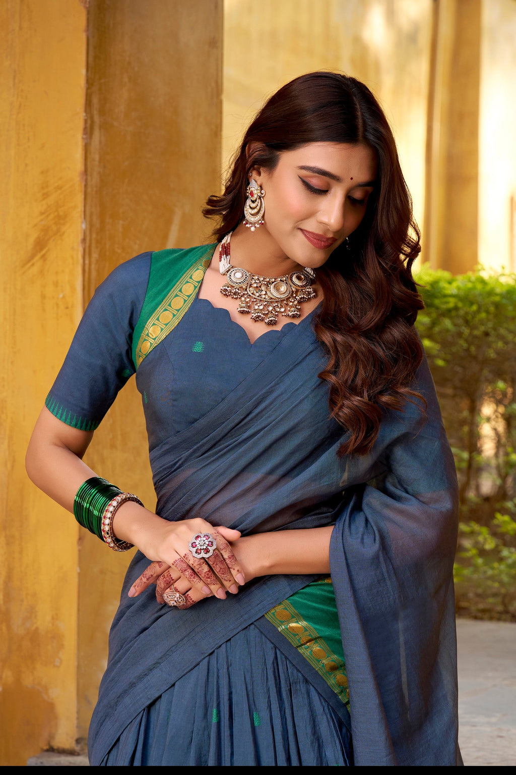 Lorenvalley Fashion Navy Blue Pure Chanderi Zari Weaving Work Lehenga Choli with Dupatta | Grocsy