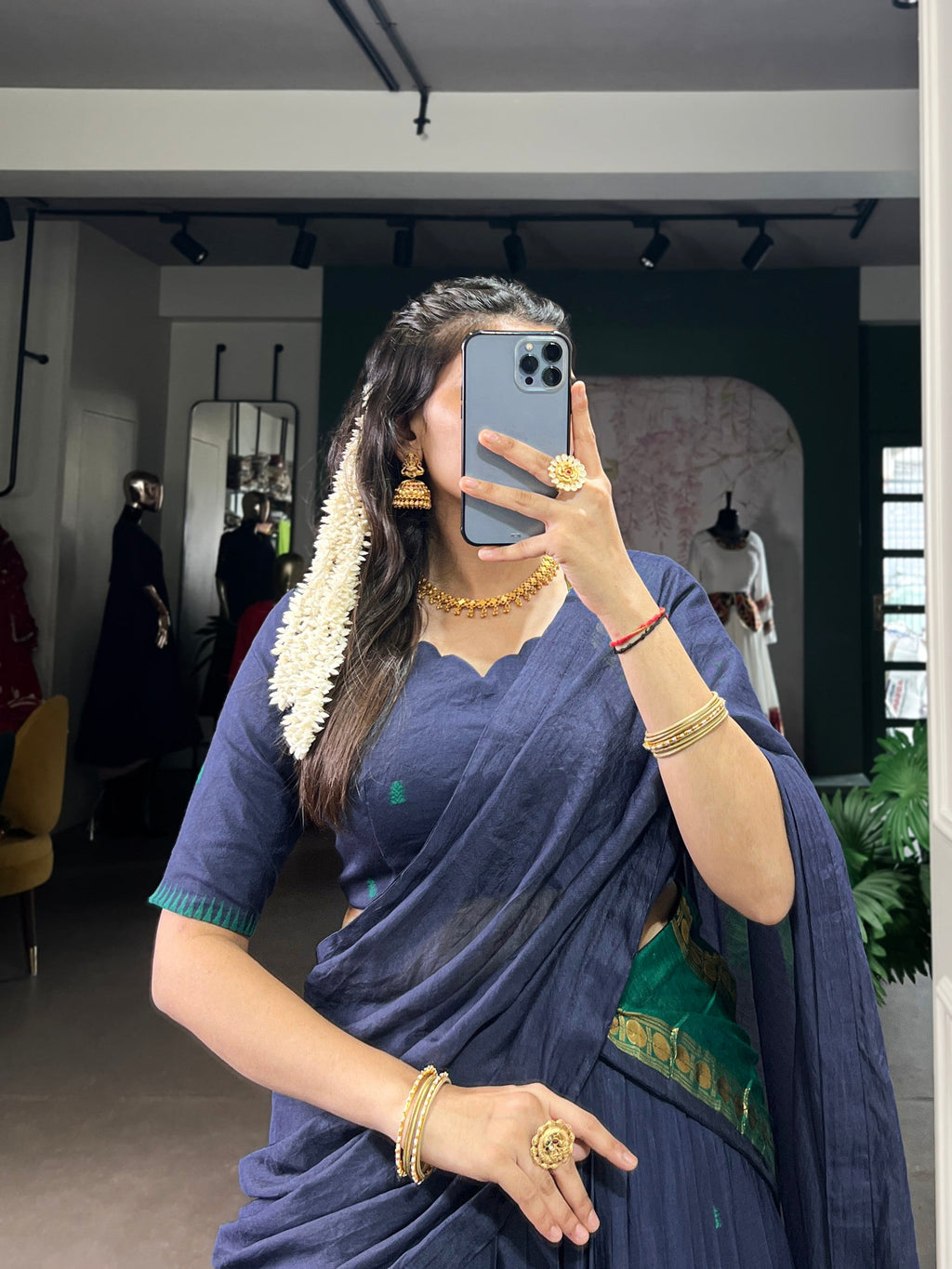 Lorenvalley Fashion Navy Blue Pure Chanderi Zari Weaving Work Lehenga Choli with Dupatta | Grocsy
