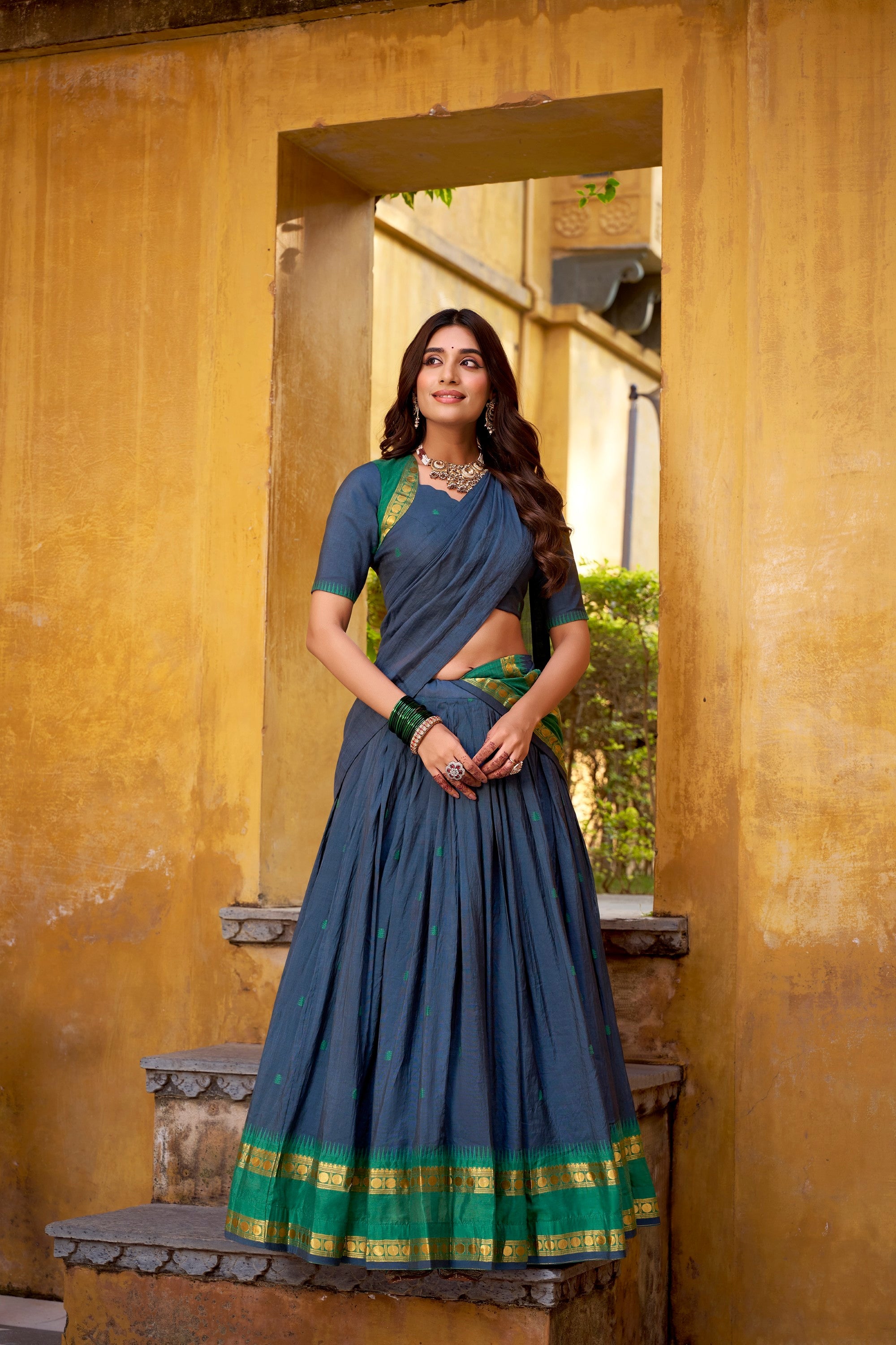 Lorenvalley Fashion Navy Blue Pure Chanderi Zari Weaving Work Lehenga Choli with Dupatta | Grocsy
