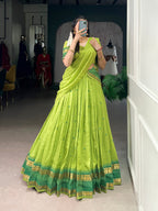 Lorenvalley Fashion Parrot Green Pure Chanderi Zari Weaving Work Lehenga Choli with Dupatta | Grocsy