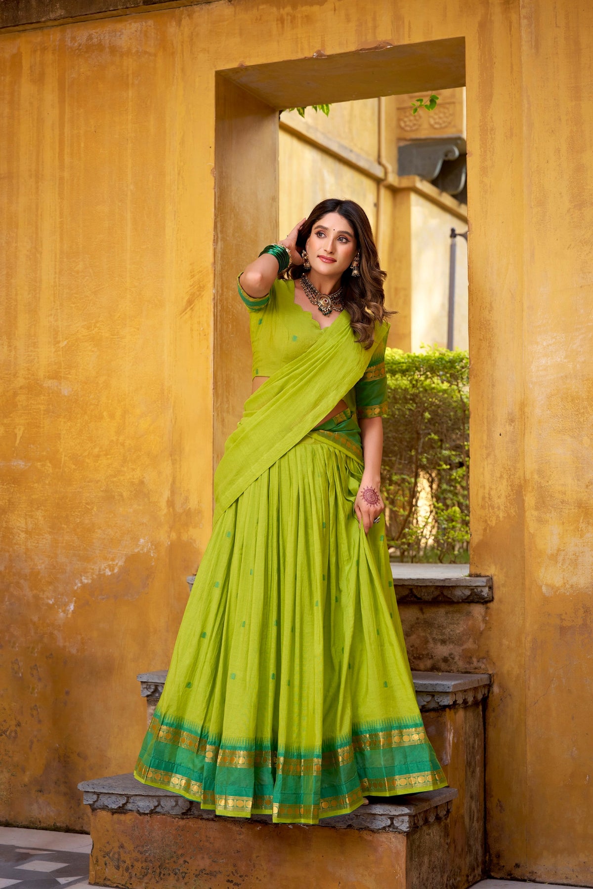Lorenvalley Fashion Parrot Green Pure Chanderi Zari Weaving Work Lehenga Choli with Dupatta | Grocsy