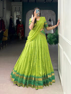 Lorenvalley Fashion Parrot Green Pure Chanderi Zari Weaving Work Lehenga Choli with Dupatta | Grocsy