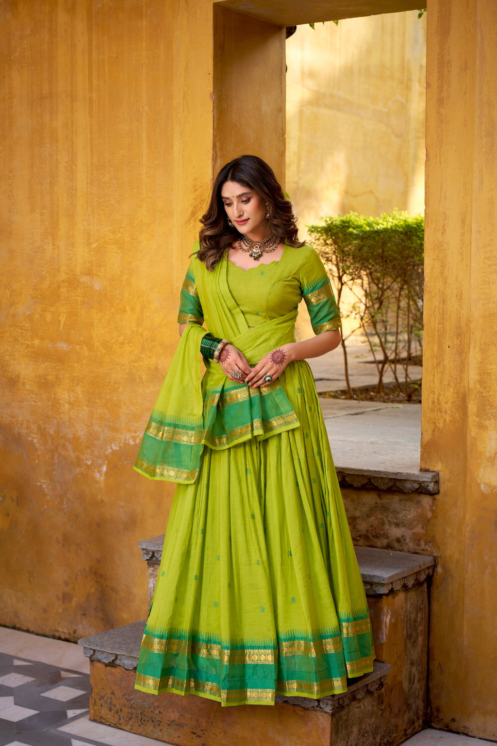 Lorenvalley Fashion Parrot Green Pure Chanderi Zari Weaving Work Lehenga Choli with Dupatta | Grocsy