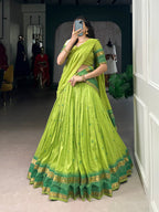 Lorenvalley Fashion Parrot Green Pure Chanderi Zari Weaving Work Lehenga Choli with Dupatta | Grocsy
