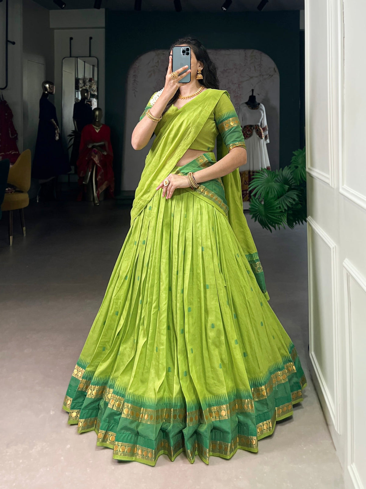 Lorenvalley Fashion Parrot Green Pure Chanderi Zari Weaving Work Lehenga Choli with Dupatta | Grocsy
