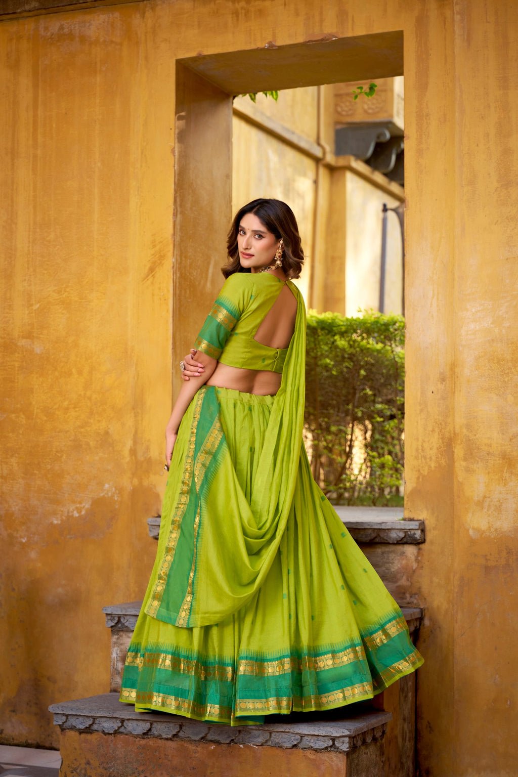 Lorenvalley Fashion Parrot Green Pure Chanderi Zari Weaving Work Lehenga Choli with Dupatta | Grocsy