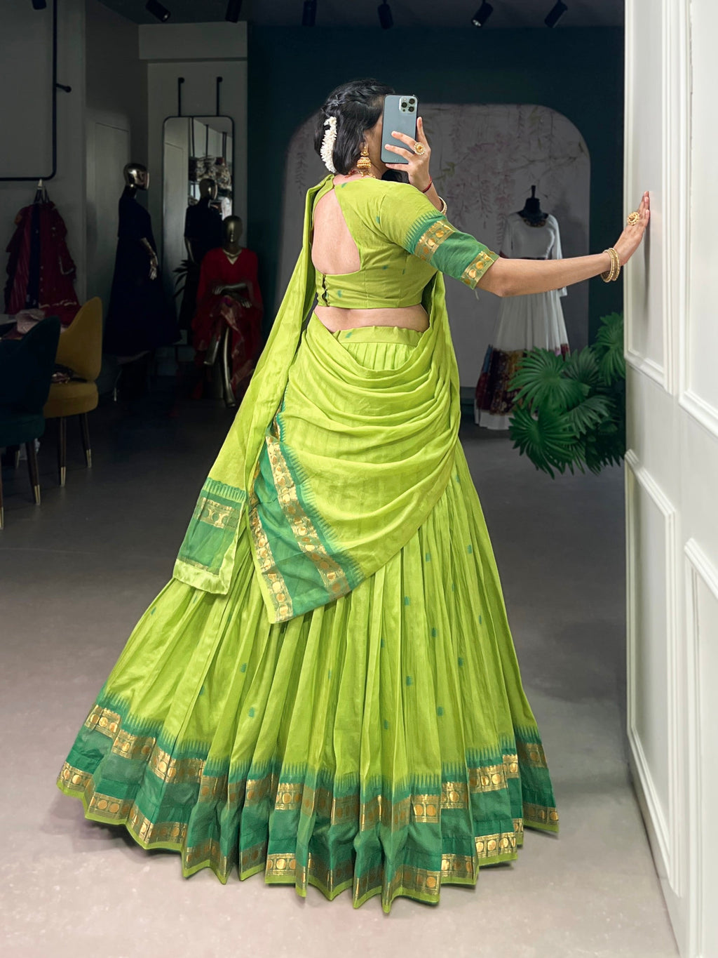 Lorenvalley Fashion Parrot Green Pure Chanderi Zari Weaving Work Lehenga Choli with Dupatta | Grocsy